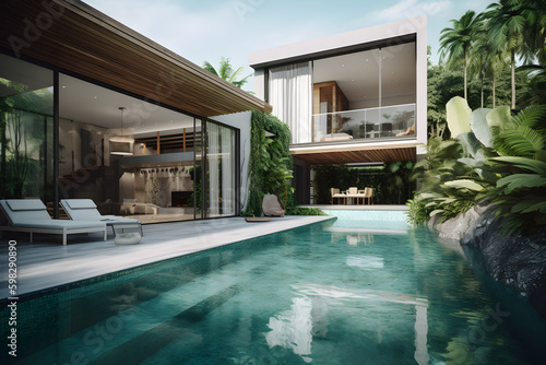 Modern future luxury tropical villa with a swimming pool. Generative AI © Iryna