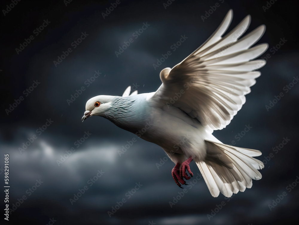 Obraz premium White dove flying against a grey cloudy sky, illuminating its feathers. AI-generated image