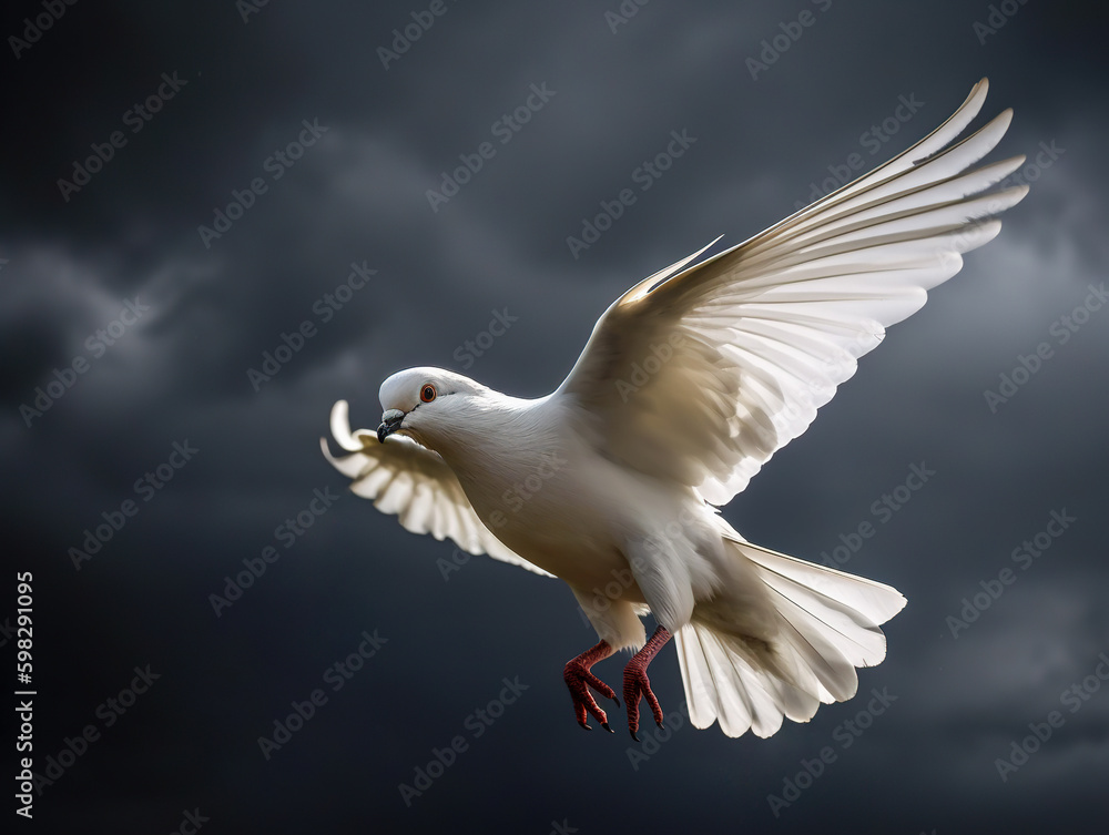 White dove flying against a grey cloudy sky, illuminating its feathers. AI-generated image White dove flying against a grey cloudy sky, illuminating its feathers. AI-generated image