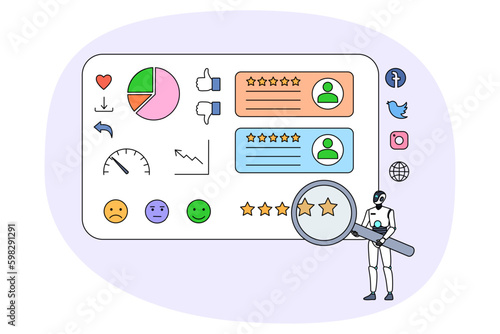 Robot with magnifying glass work for social media optimization. AI humanoid or digital assistant with magnifier rate and give feedback. Search engine, SEO. Vector illustration. Generative AI
