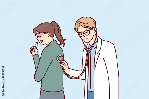 Doctor uses stethoscope examining coughing patient and auscultating woman suffering from flu or pandemic. Hospital doctor examines girl with diseased bronchi or tuberculosis disease Generative AI