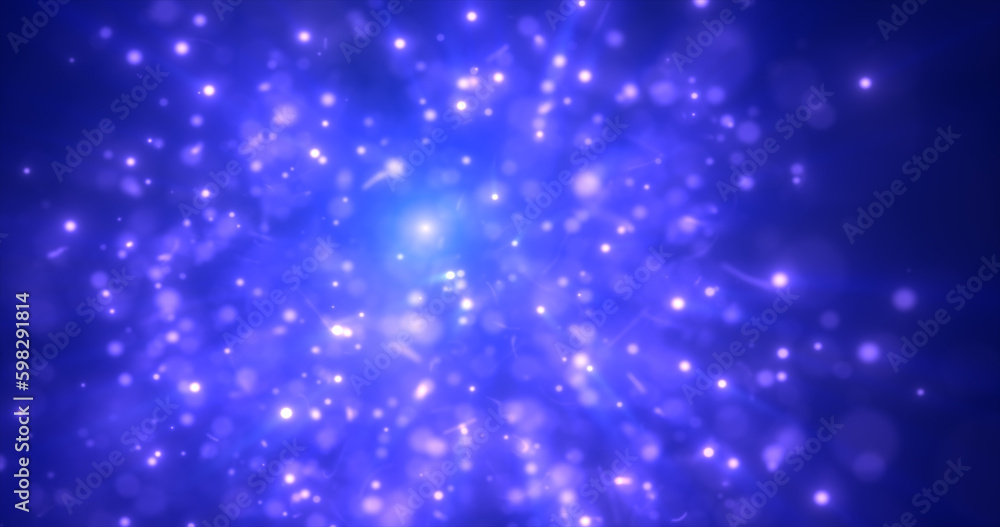 Abstract blue energy particles and dots glowing flying sparks festive with bokeh effect and blur background