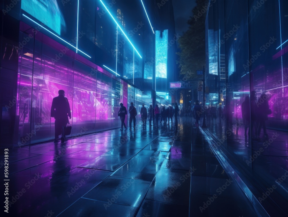 A Group of Pedestrians Walking on a Sleek Glass-covered Sidewalk in a Futuristic City at Night with Bright Purple and Blue Lights Illuminating the Surroundings