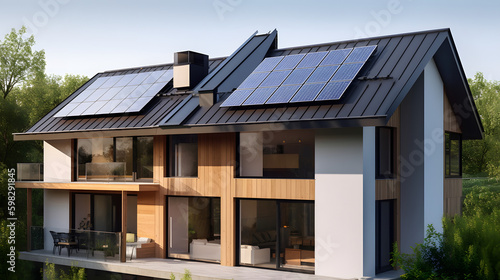 Solar panels on the roof of a beautiful modern home