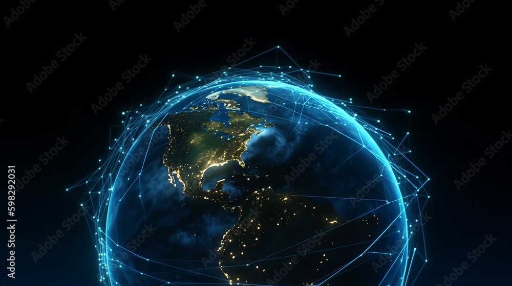 night earth global virtual internet world connection of metaverse technology network digital communication and worldwide networking on connect 3d background, earth globe with space, Generative AI - obrazy, fototapety, plakaty 