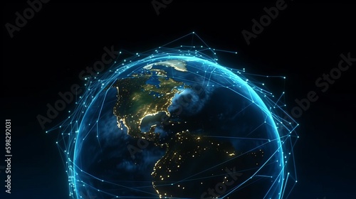 night earth global virtual internet world connection of metaverse technology network digital communication and worldwide networking on connect 3d background, earth globe with space, Generative AI