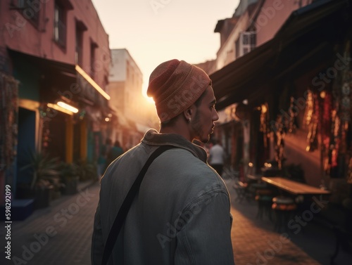 A Solo Traveler Exploring the Colorful Streets of a City During Sunset created with Generative AI technology