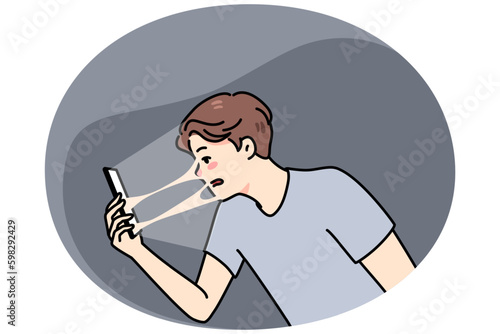 Young guy connected sealed to smartphone suffer from technology addiction problem. Man addicted to cellphone and social media, tied to online communication. Flat vector illustration. Generative AI