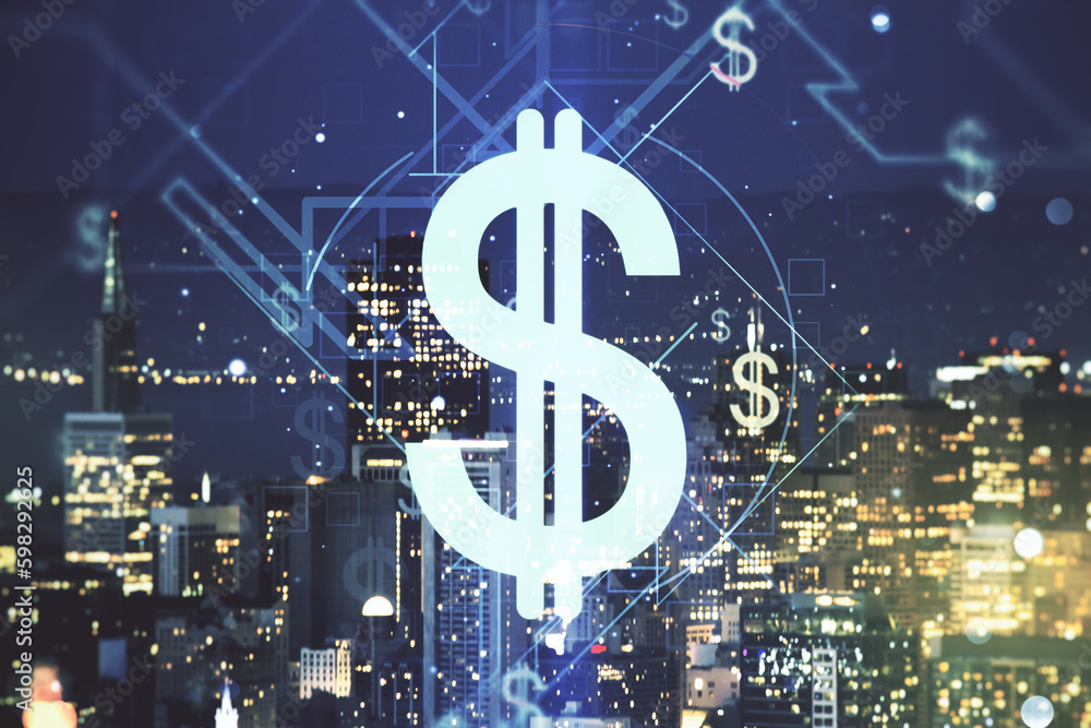 Double exposure of virtual USD symbols hologram on San Francisco city skyscrapers background. Banking and investing concept Double exposure of virtual USD symbols hologram on San Francisco city skyscrapers background. Banking and investing concept