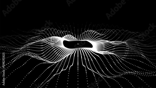 Abstract gradient dynamic wave of glowing particles. Network of neon dots. Big data. Digital background. Vector