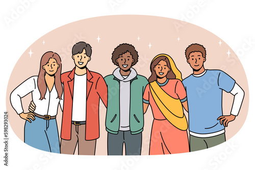 Portrait of multicultural young people stand pose together hugging show international friendship and unity. Smiling diverse multiethnic friends enjoy time together. Diversity. Vector Generative AI
