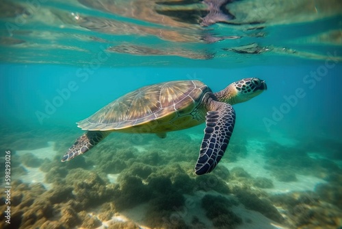 A turtle swimming underwate