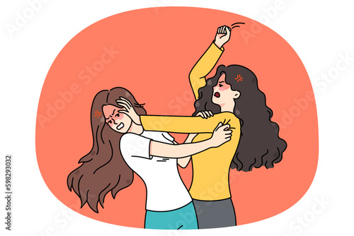 Pair of angry young women fight and quarrel. Mad teenage girls fighting pulling hair. Female conflict and problem solving with fists. Flat vector illustration. Generative AI