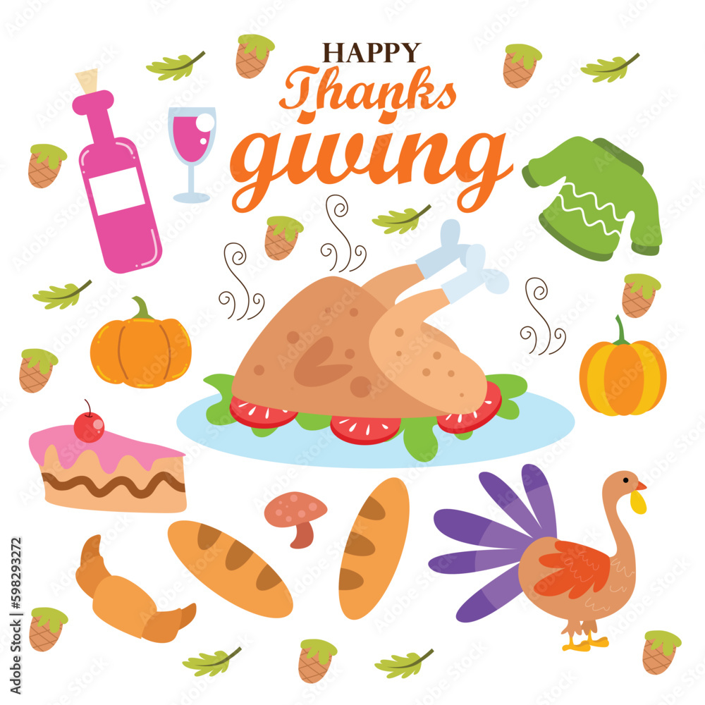Thanksgiving cooked turkey with pumpkin, pie, wine, collection set. flat design illustration