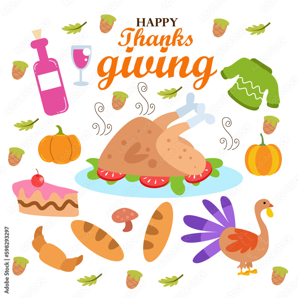 Thanksgiving cooked turkey with pumpkin, pie, wine, collection set. flat design illustration Thanksgiving cooked turkey with pumpkin, pie, wine, collection set. flat design illustration