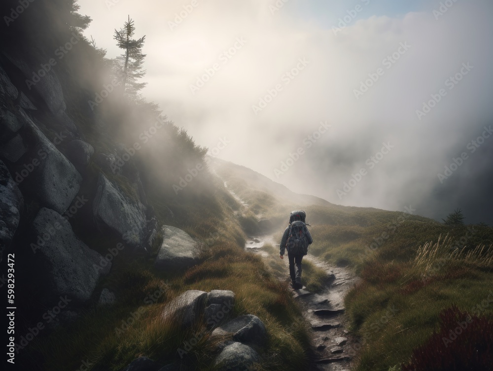 A Traveler Hiking Up a Mountain Trail in the Early Morning