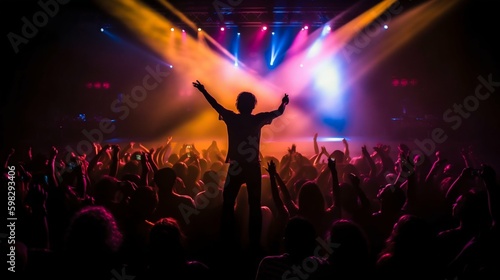 Singer Performing on Concert Stage, Surrounded by Energetic Crowd and Illuminated by Stage Lights. Generative ai