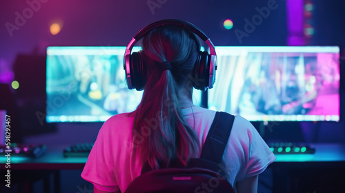 Online FPS gamer girl on her PC from behind. Generative AI