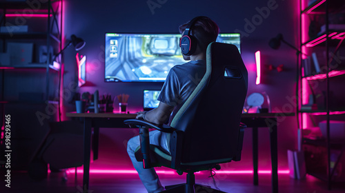 Male professional gamer playing online game on computer from behind. Generative AI
