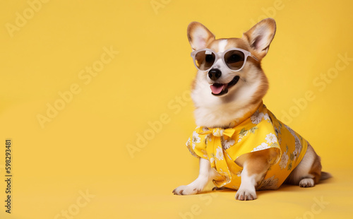 Summer corgi dog wearing yellow clothes and sunglasses, looking at blank empty copy space, over yellow background. AI generative