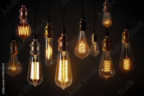Decorative Antique Retro Edison Light Bulbs on Dark Background. Generative ai