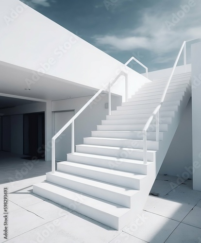 Section of Outdoor White Spacious Stairs on Clean White Background. Generative ai
