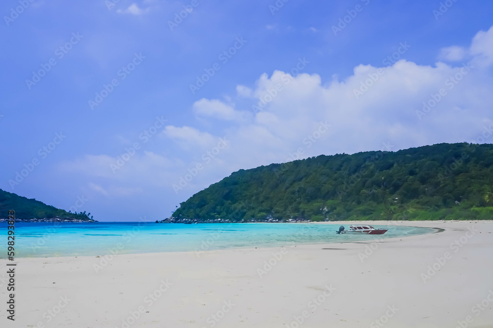 Penjalin Island, Anambas, Tropical beach with rocks, coconut trees, and blue sky with clouds on Sunny day. Summer tropical landscape, panoramic view. travel tourism panorama background concept.