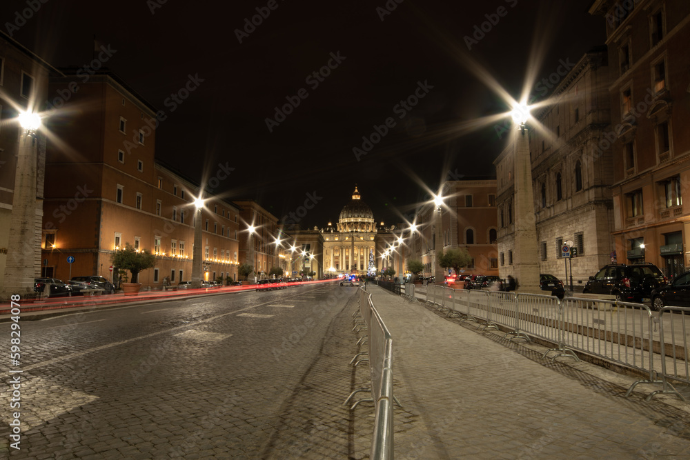 Rome, Saint Peter Square at night from Via della Conciliazione