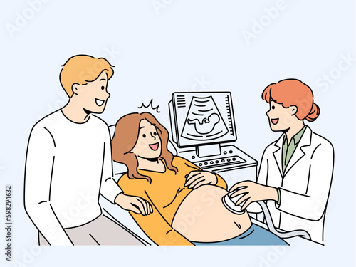 Happy pregnant couple have ultrasound in clinic. Smiling future parents on checkup with doctor in hospital. Pregnancy and parenthood. Vector illustration.  Generative AI