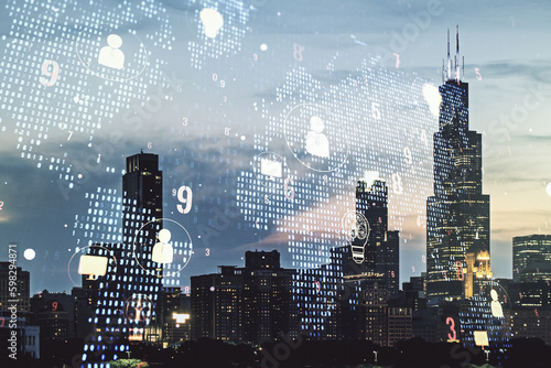 Double exposure of social network icons hologram and world map on Chicago city skyscrapers background. Marketing and promotion concept