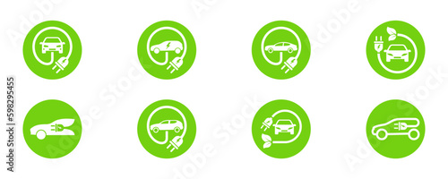 Set of green electric car with plug. Electric car charger place. Recharger battery station for automobile. Friendly alternative energy.