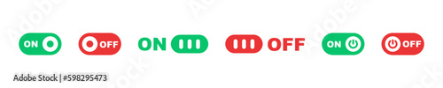 Set of switch button vector icons. Slider or toggle. Green and red on and off button. Active or inactive panel. 