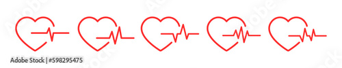 Set of heart beat vector icons. Pulse or rhythm red heart. Vector 10 Eps.