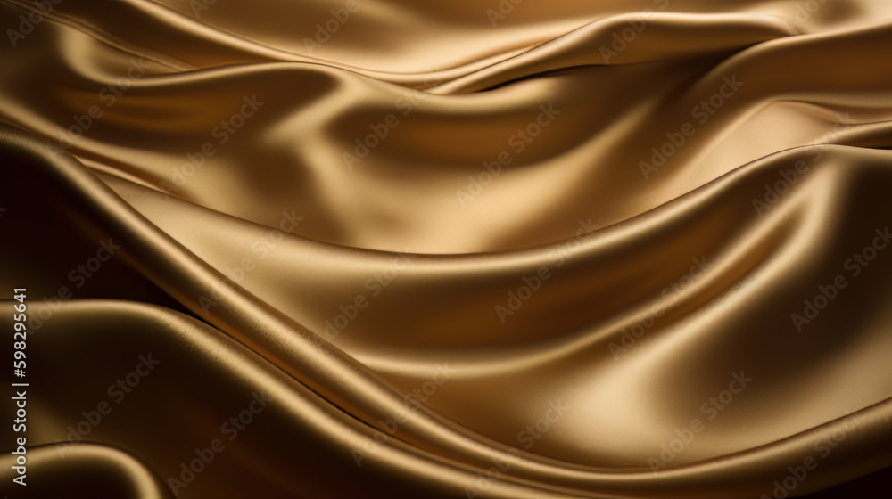 Obraz premium Luxurious golden silk fabric, flowing in elegant waves, serves as a magnificent background for high-end fashion and sophisticated design projects. Shiny satin drapery. Premium banner. Generative AI