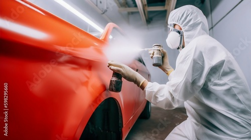 Person Spray Painting Car in Red Color in Special White Painting Box, Wearing Protective Gear. Generative ai