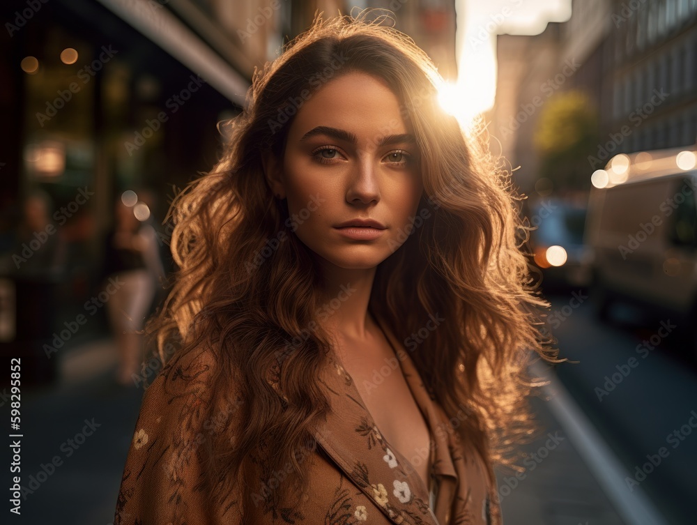 A Young Female Fashion Model Strutting Confidently Down a Busy City Street During Golden Hour created with Generative AI technology A Young Female Fashion Model Strutting Confidently Down a Busy City Street During Golden Hour created with Generative AI technology