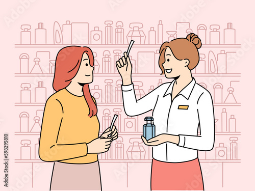 Woman client buying perfume in beauty shop. Consultant help girl customer with cosmetics purchase in store or boutique. Vector illustration.  Generative AI