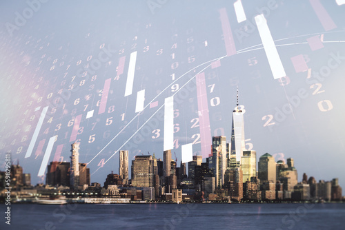 Multi exposure of virtual creative financial chart hologram on New York skyscrapers background, research and analytics concept © Pixels Hunter
