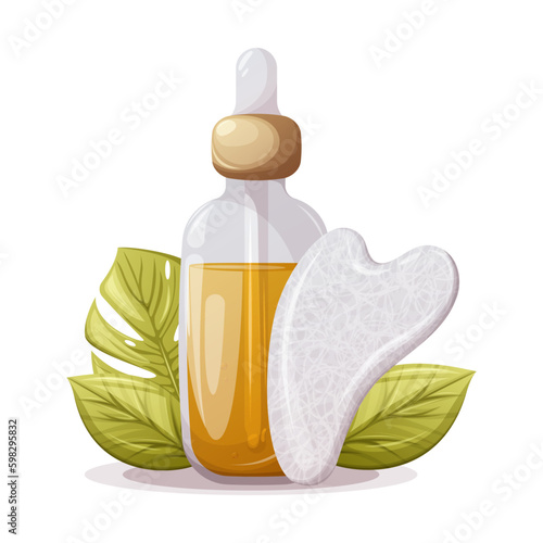 Glass bottle with oil serum pipette, white agate gua sha surrounded by tropical leaves. Side view. Cosmetic fluid. Skin care concept. Trendy vector illustration.