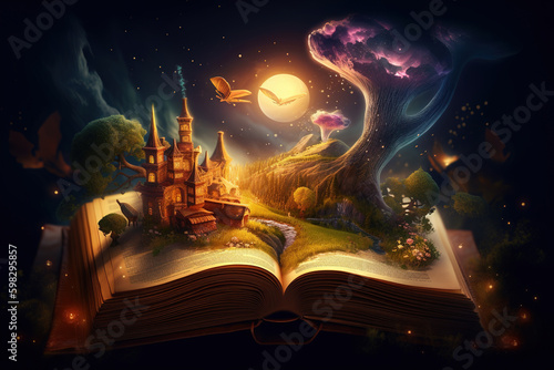 Open book of fairy tales with a castle, an unusual tree, a nebula, mountains, moon and flying butterflies, created with Generative AI