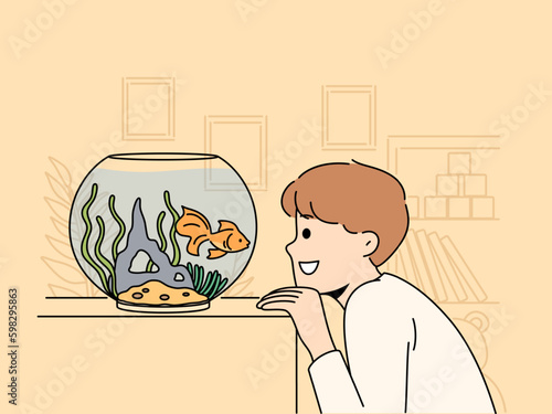 Smiling boy looking at golden fish in aquarium. Cute small child look at goldfish in tank. Hobby and childhood. Vector illustration.  Generative AI