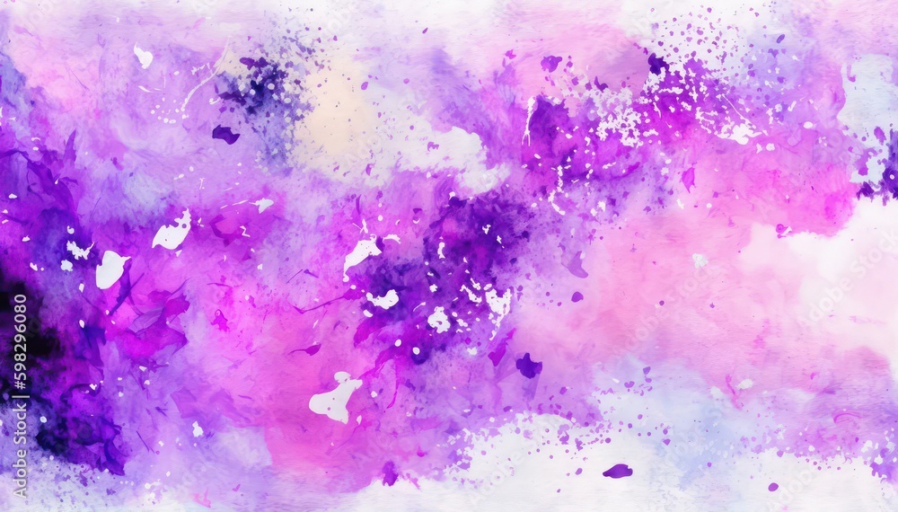 Abstract watercolor background. Purple and blue chaotic paint splatters. Generative AI.