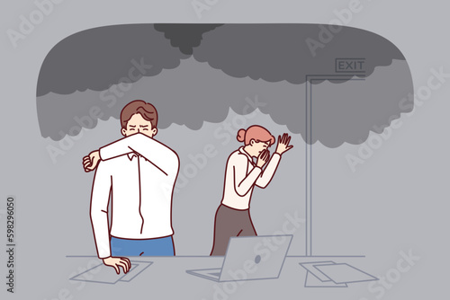 Office workers are evacuated from burning building during fire or smoke emergency. Men and women in formal wear panic and flee preparing to evacuate after smoke and fire spread through Generative AI