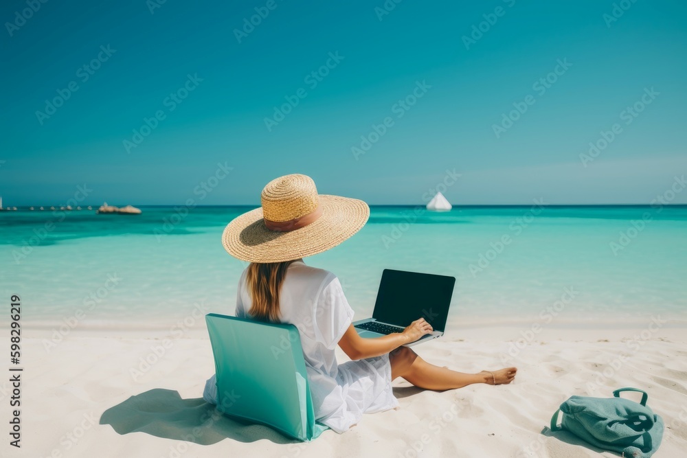 Woman working beach laptop. Generate Ai