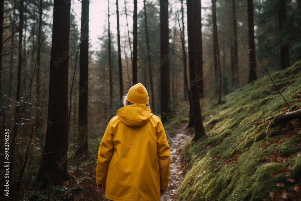Woman yellow coat hiking. Generate Ai Woman yellow coat hiking. Generate Ai