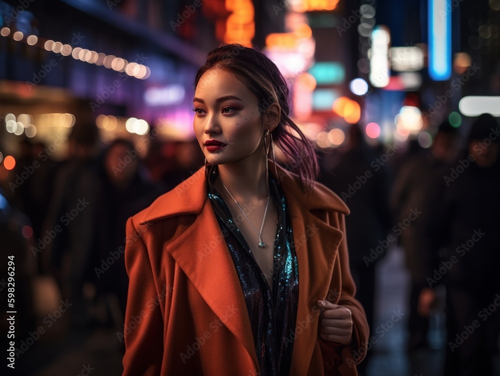 An Influencer Female Model Strolling Down a Busy City Street During Night Time created with Generative AI technology
