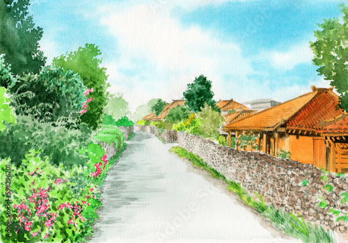 アナログ水彩沖縄県竹富島の風景画