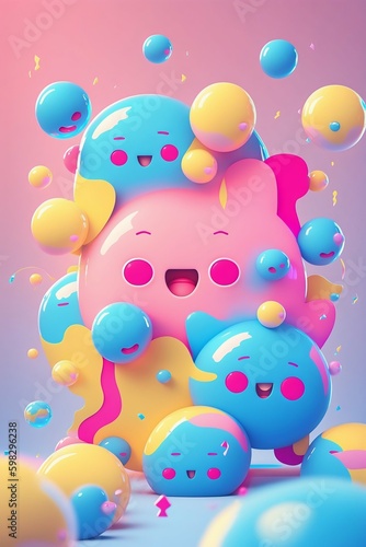 Kawaii Cute Happy Characters Illustration in Neon Pink, Blue, Yellow Colors.