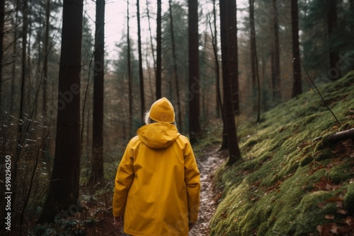 Woman yellow coat hiking. Generate Ai