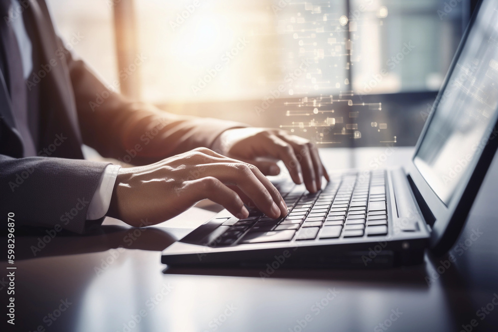 Virtual Workspace: Businessman Typing on a Keyboard with an Office Background made with Generative AI Virtual Workspace: Businessman Typing on a Keyboard with an Office Background made with Generative AI
